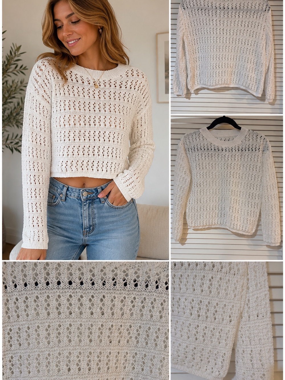 Cream Open-Knit Cropped Sweater - Women